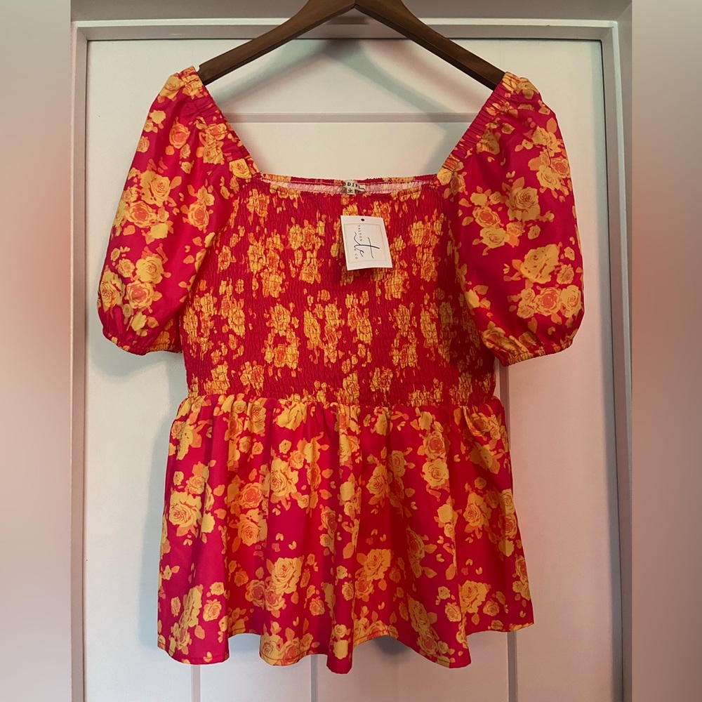Jodiful pink and yellow floral top, size Large, brand new with tags